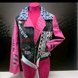 Pink and Black Studded Women's Med Biker Jacket